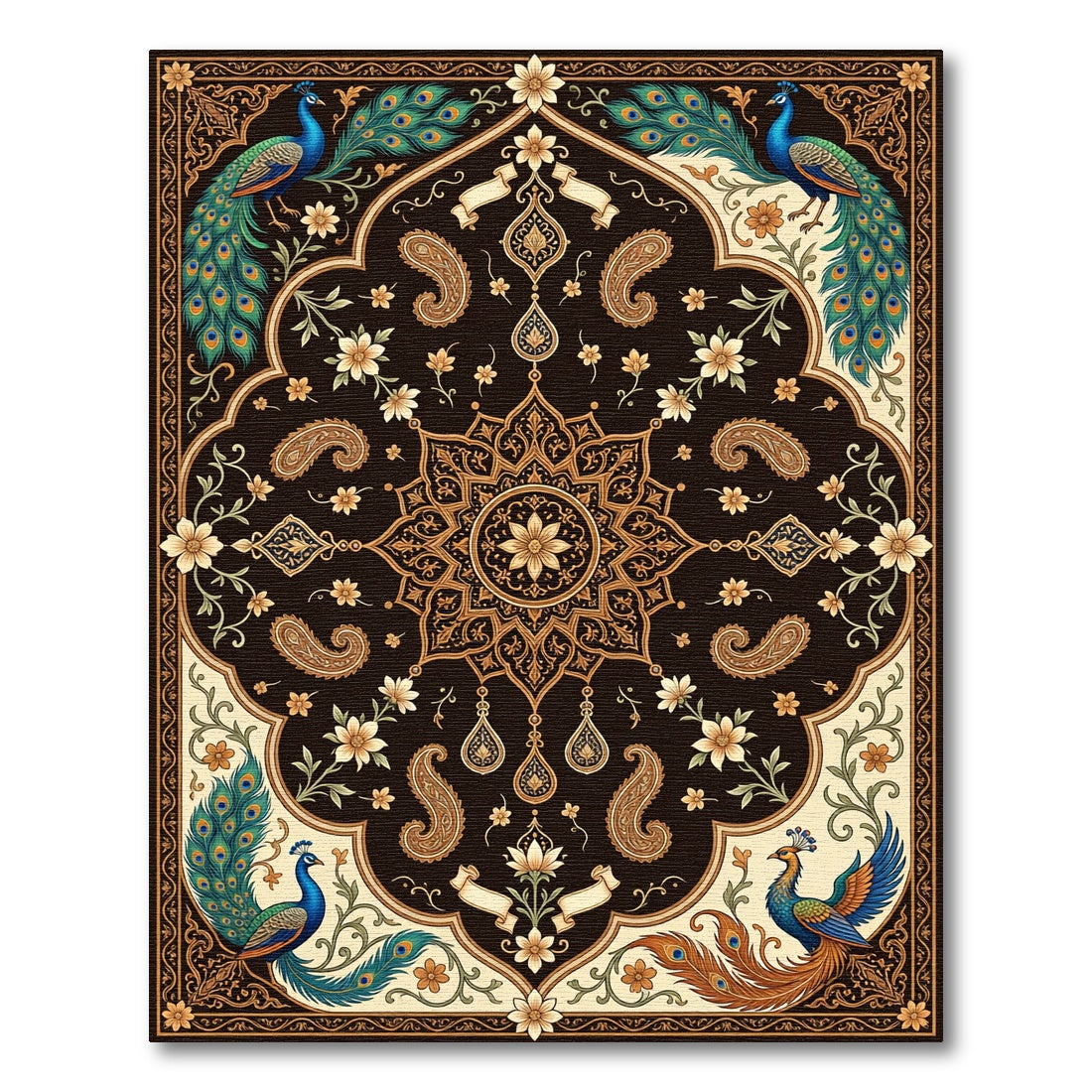 Regal Peacock Floral Medallion Black Area Rug