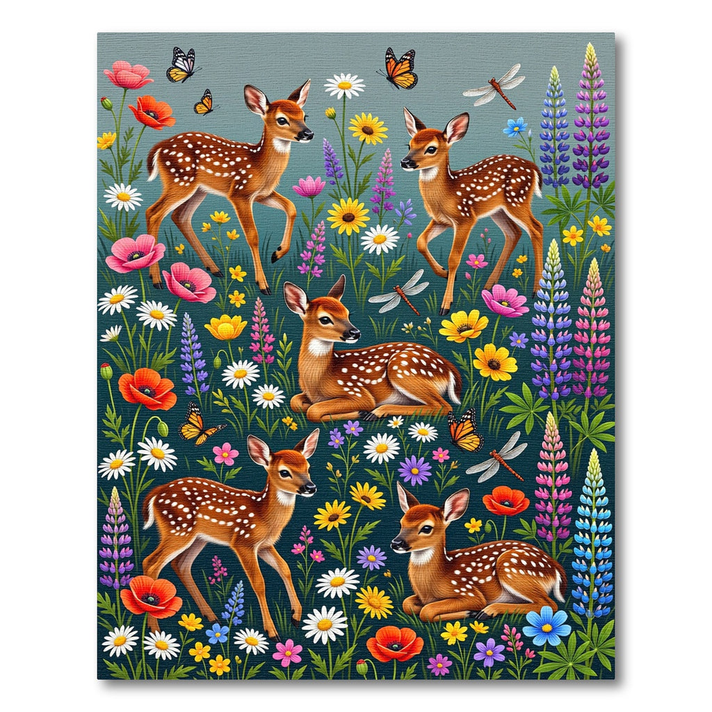 Whimsical Woodland Fawn and Wildflower Meadow Rug