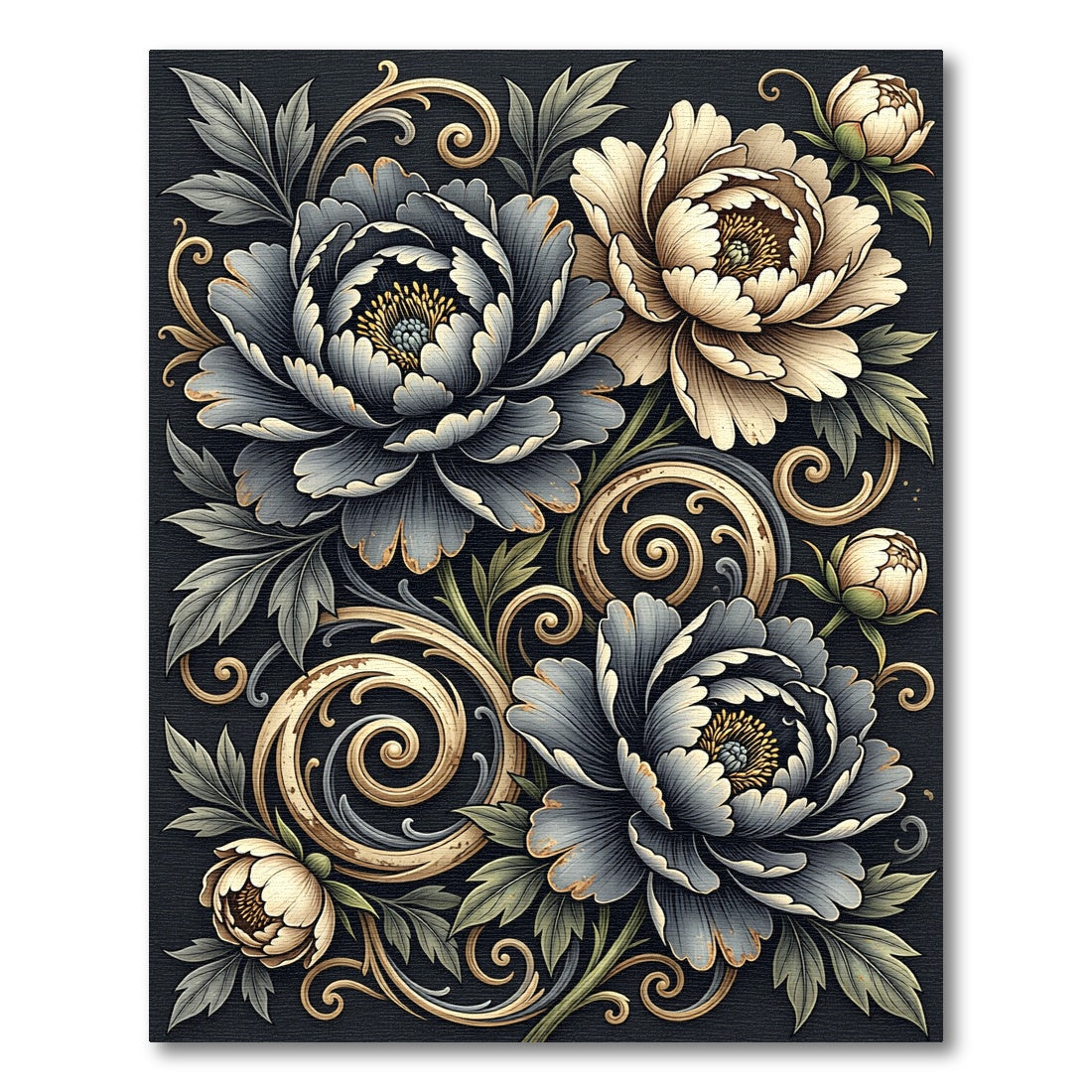 Elegant Midnight Floral Gold Swirl Rug