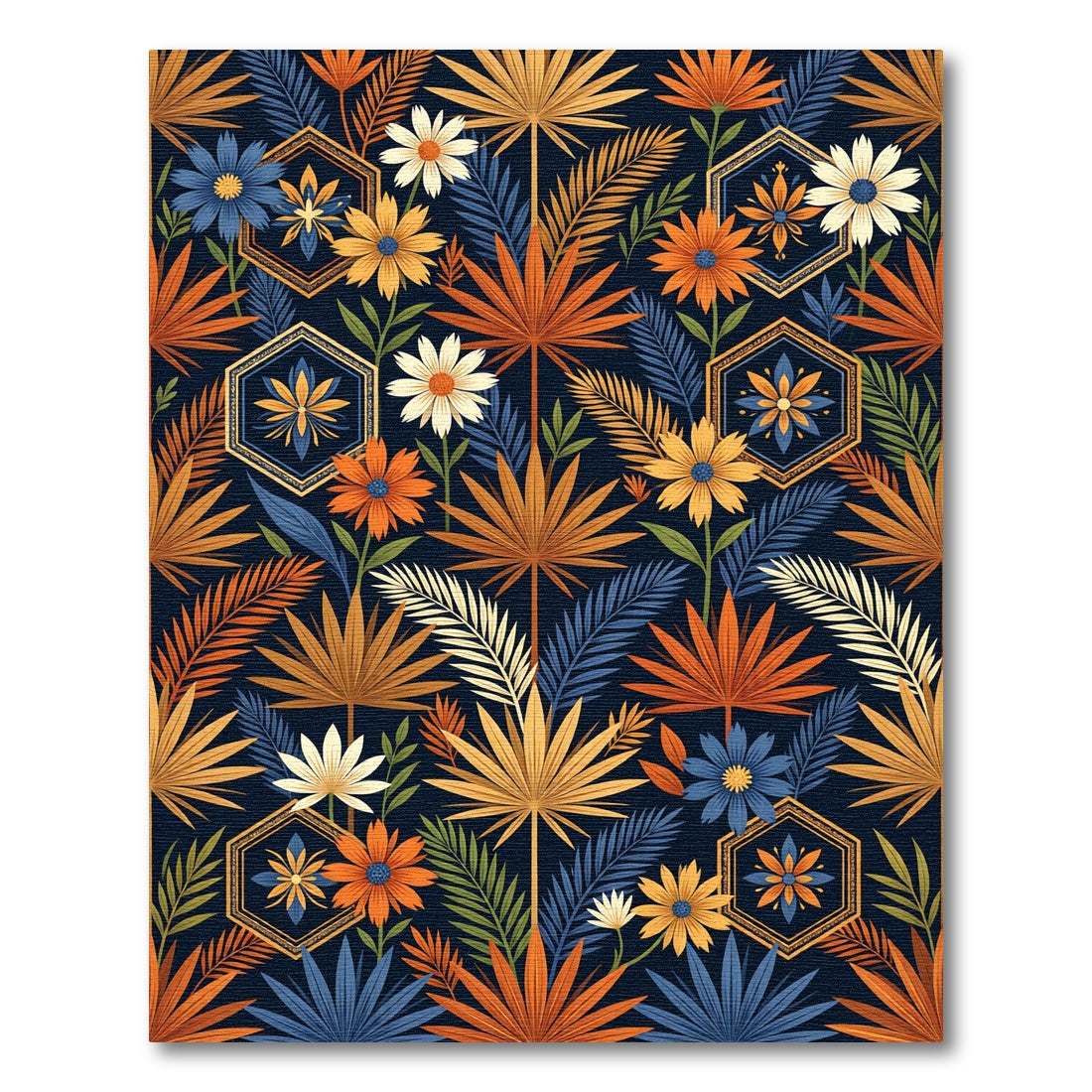 Botanical Geometric Hexagon Midnight Flora Rug