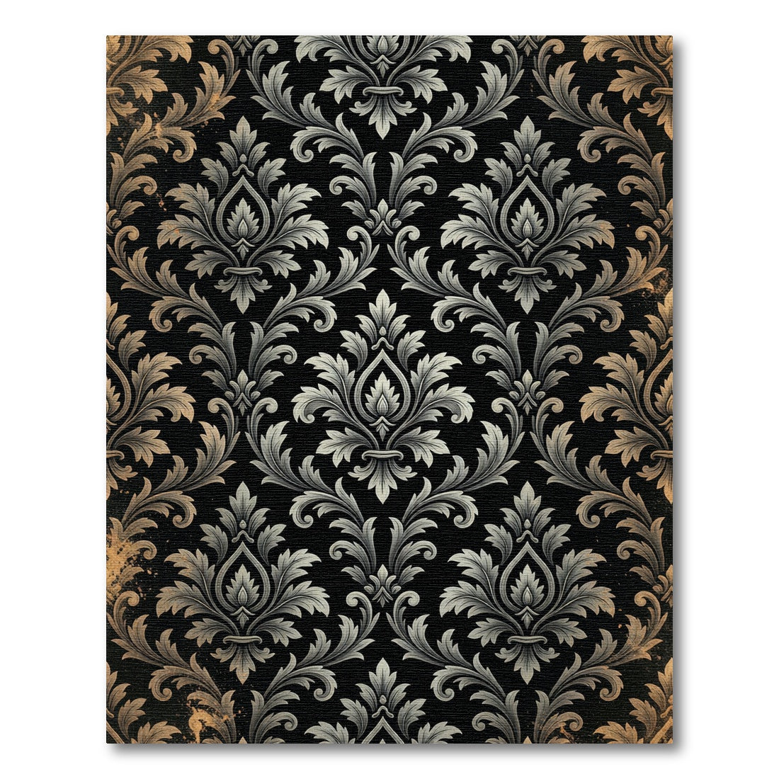 Ornate Black Gold Flourish Damask Rug