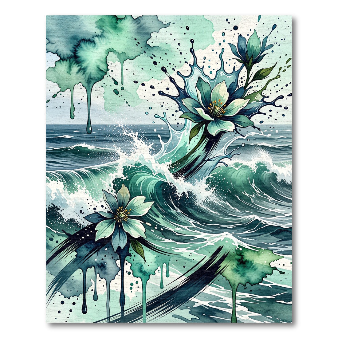 Watercolor Teal Ocean Wave Floral Rug