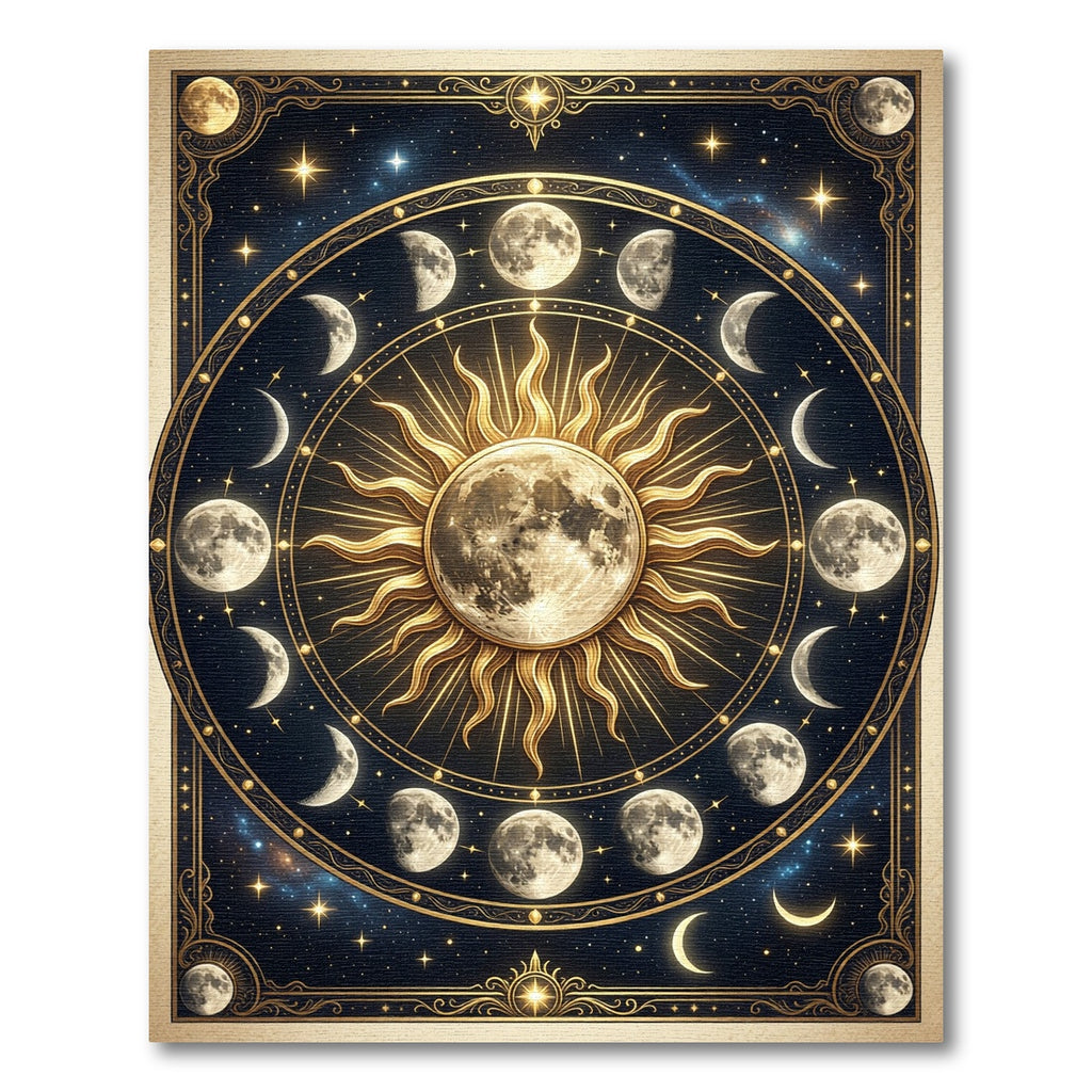 Celestial Lunar Phase Gold Sun Medallion Rug