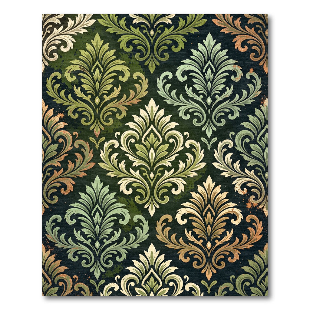 Earthy Green Damask Ornate Foliage Rug