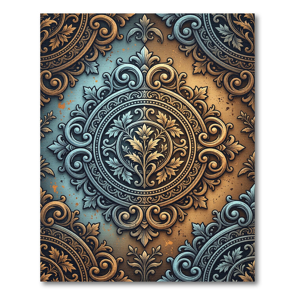 Ornate Teal Gold Filigree Scroll Rug