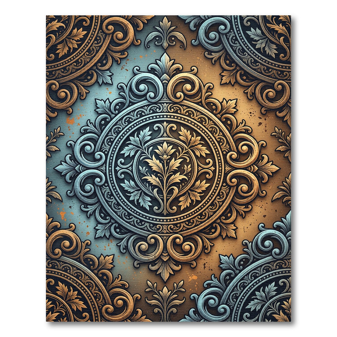 Ornate Teal Gold Filigree Scroll Rug