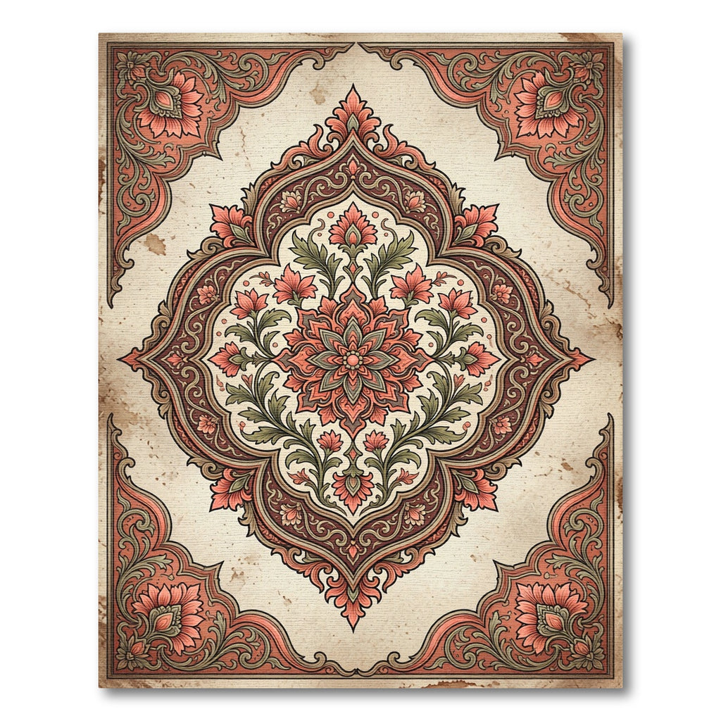 Coral And Sage Floral Medallion Detail Rug