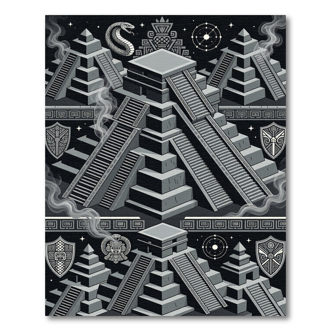 Monochrome Aztec Pyramid Celestial Geometry Rug