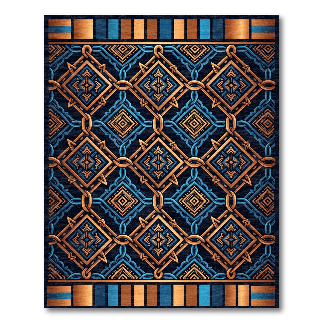 Geometric Gold and Navy Interlocking Tile Rug