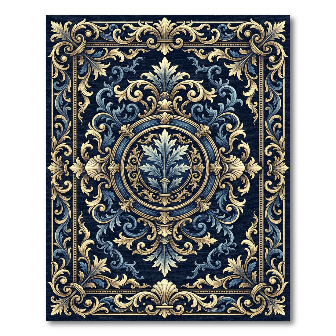 Elegant Navy Gold Baroque Floral Medallion Rug
