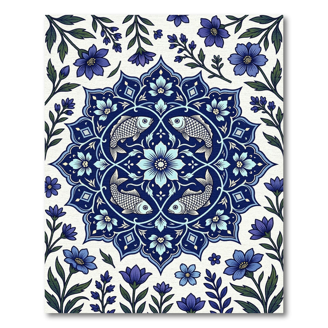Navy Blue Fish Floral Medallion Rug