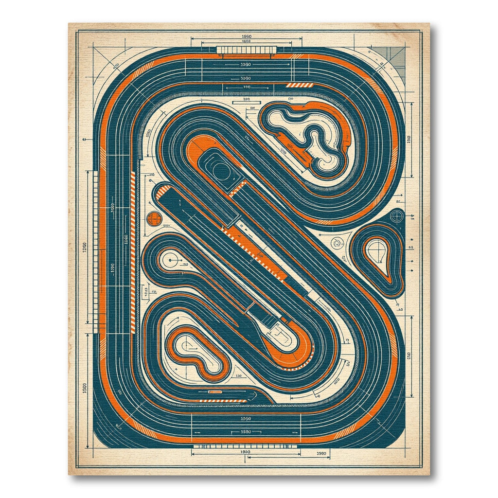 Vintage Blue and Orange Raceway Schematic Rug