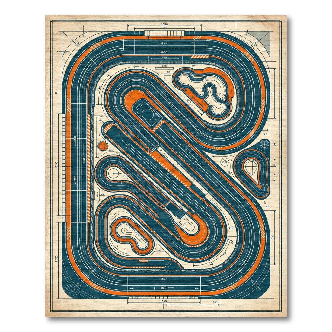 Vintage Blue and Orange Raceway Schematic Rug