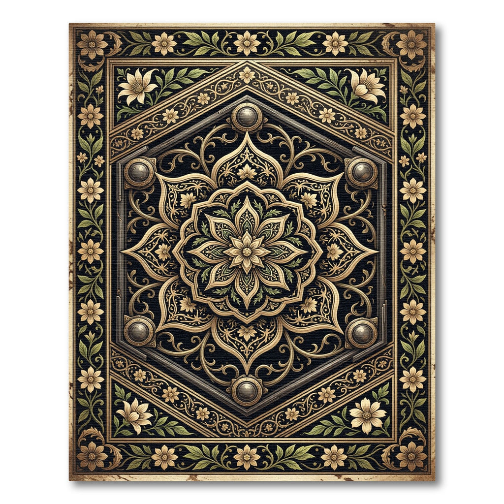 Ornate Gold Floral Hexagon Medallion Rug