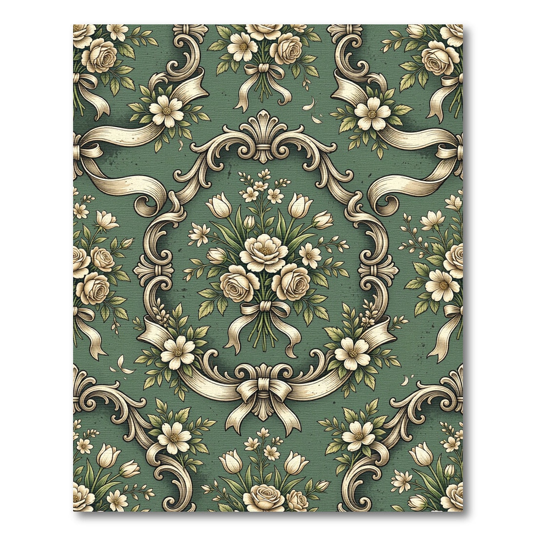 Elegant Sage Floral Baroque Scroll Rug