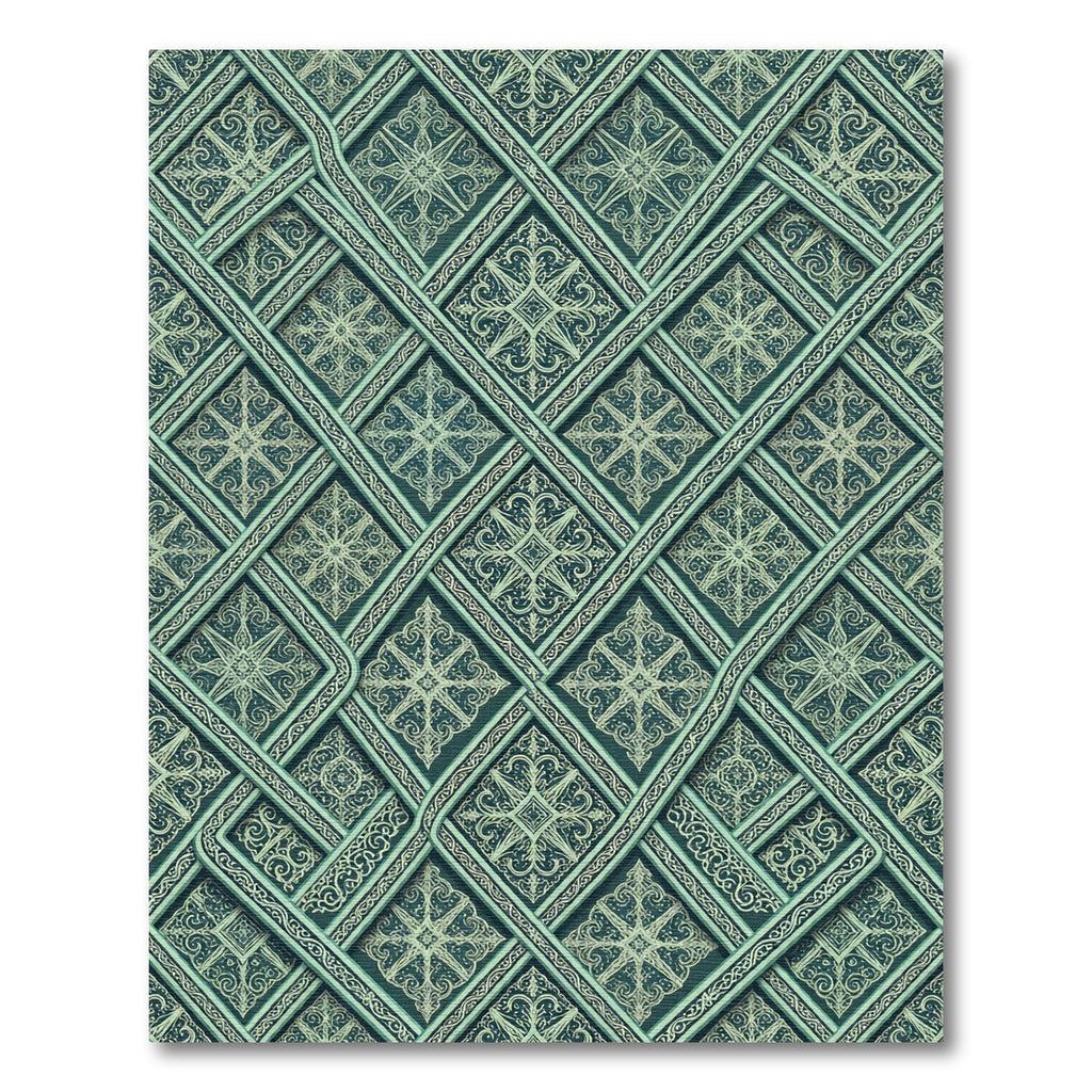 Emerald Sage Interlocking Lattice Damask Rug