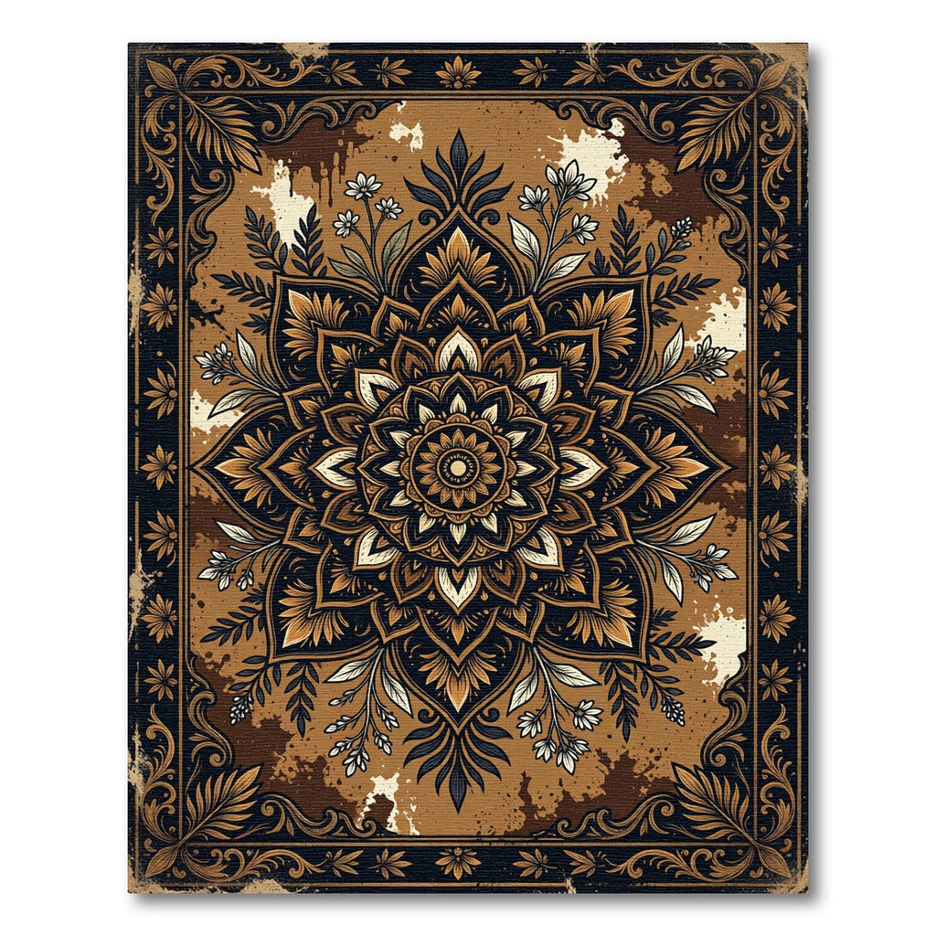 Elegant Earthy Tone Black Floral Medallion Rug