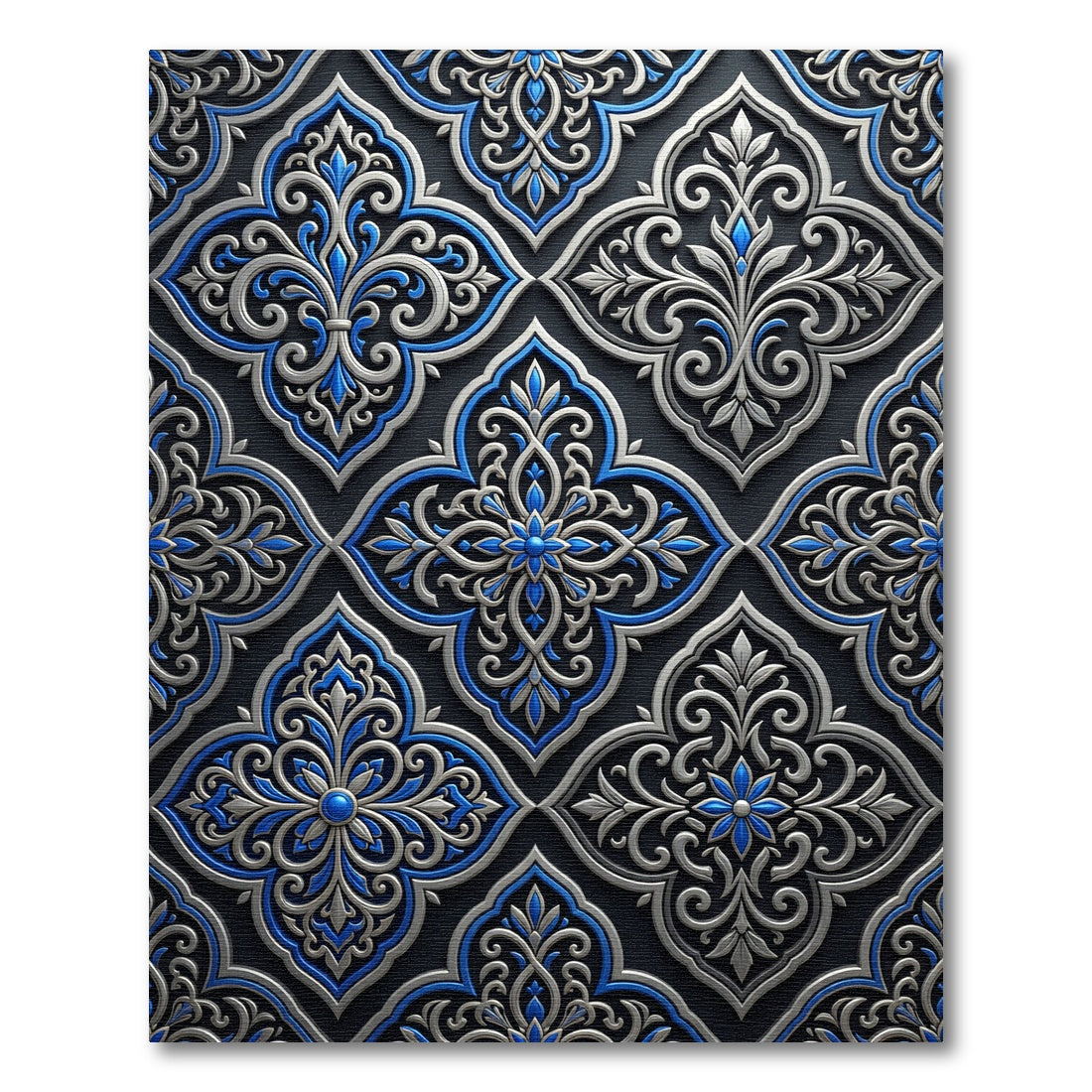 Elegant Silver Blue Damask Scroll Rug