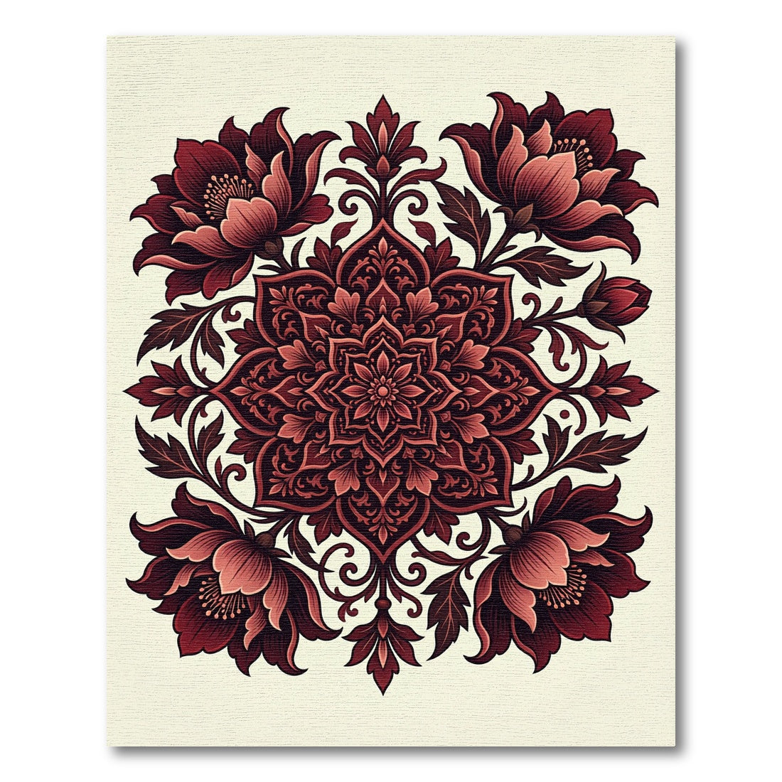 Deep Crimson Floral Mandala Rug