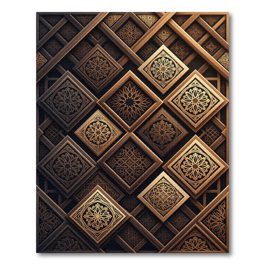 Embossed Golden Geometric Wood Panels Rug