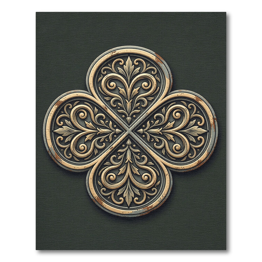 Ornate Antiqued Gold Quatrefoil Emblem Rug