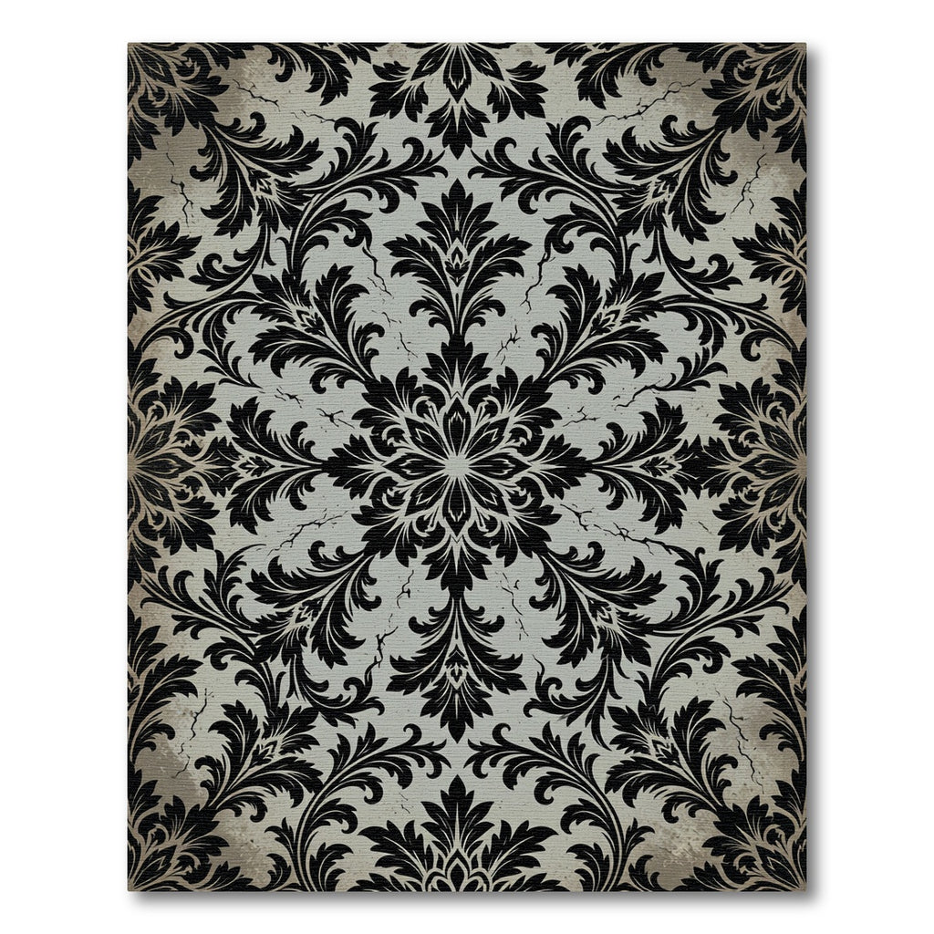Black Damask Scroll Medallion Slate Gray Rug