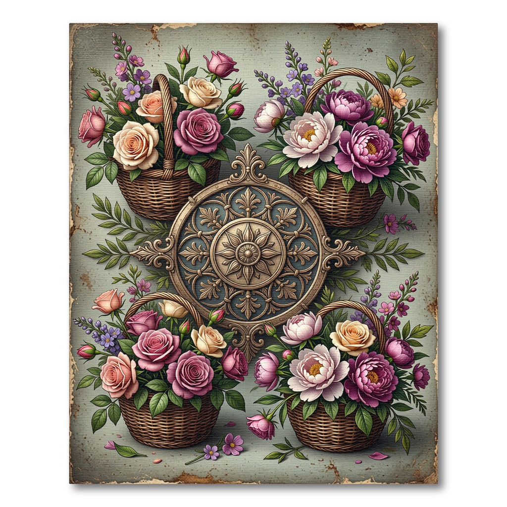 Vintage Floral Garden Basket Medallion Rug