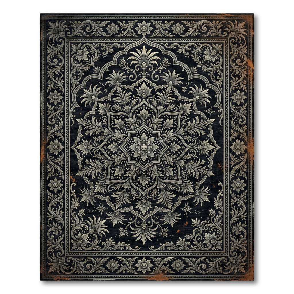 Ornate Monochrome Damask Floral Medallion Rug