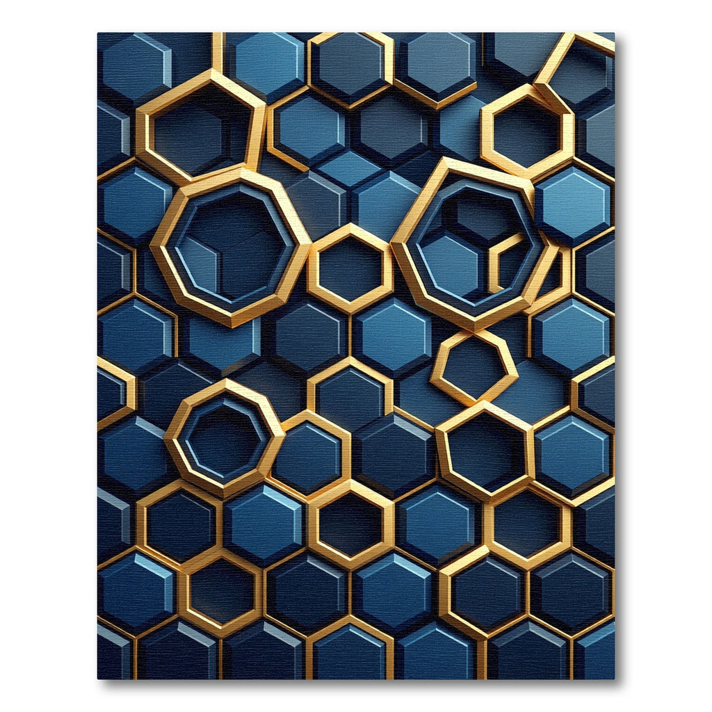 Modern Navy Hexagon Geometric Gold Art Rug