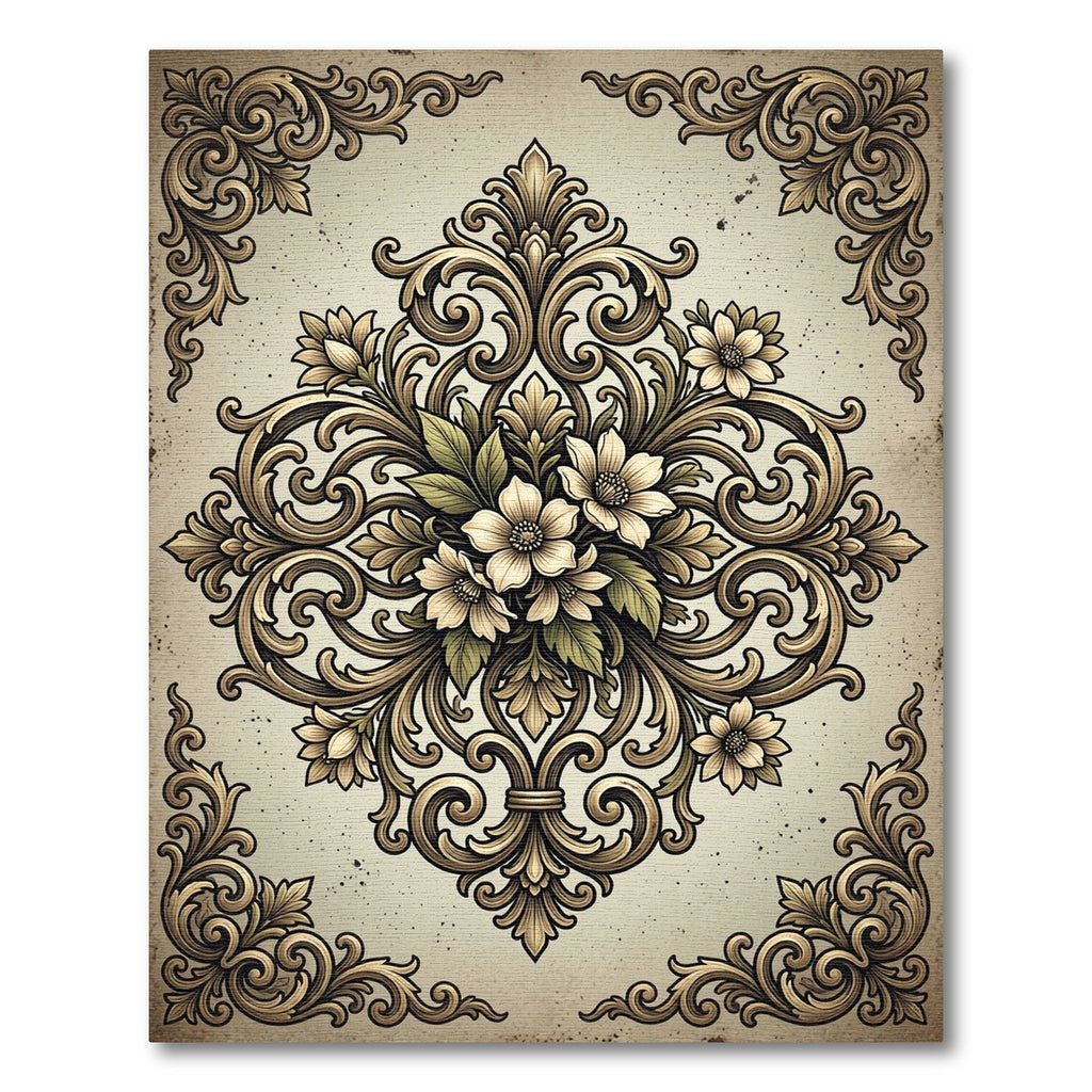 Elegant Baroque Floral Scroll Medallion Rug