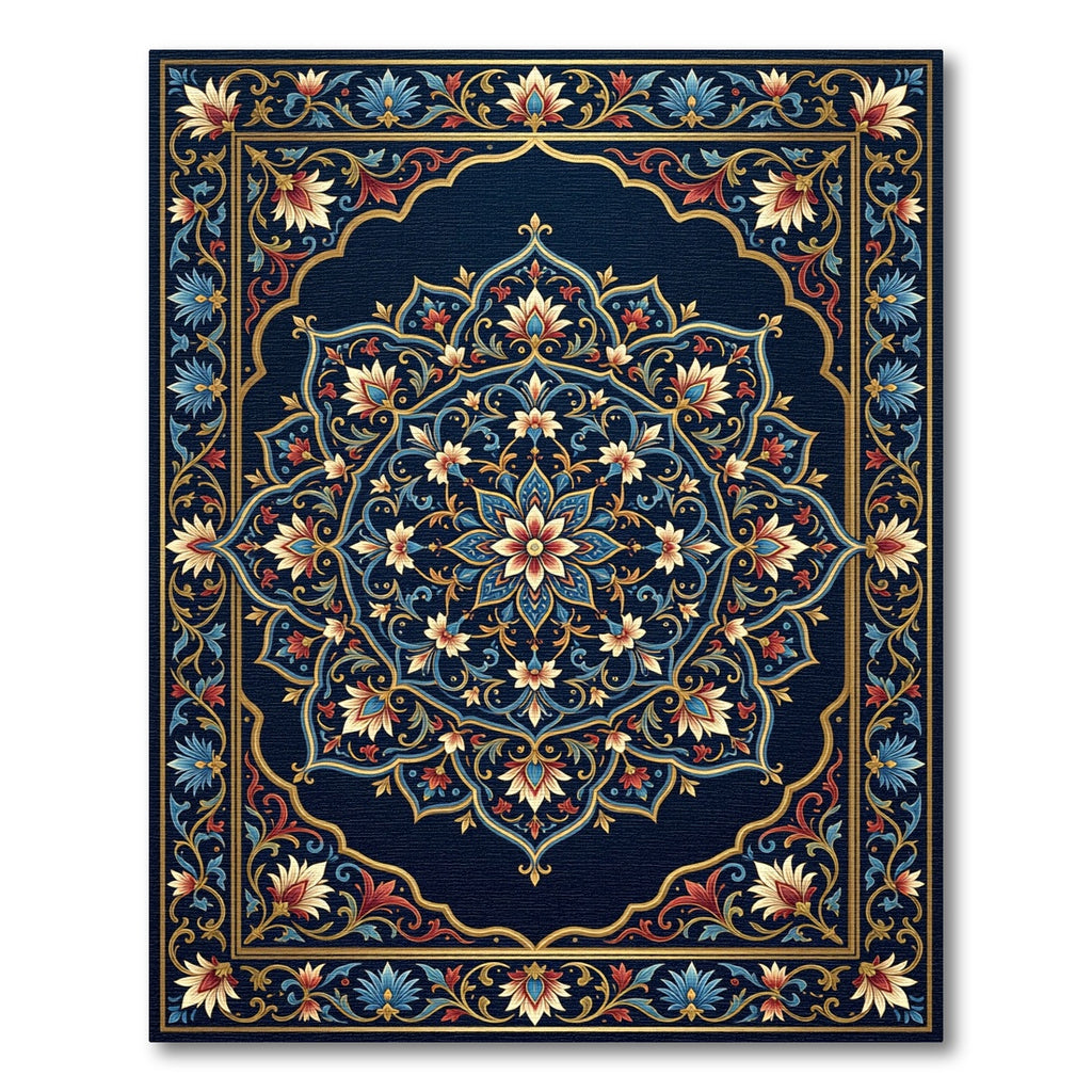 Royal Blue Golden Floral Mandala Rug