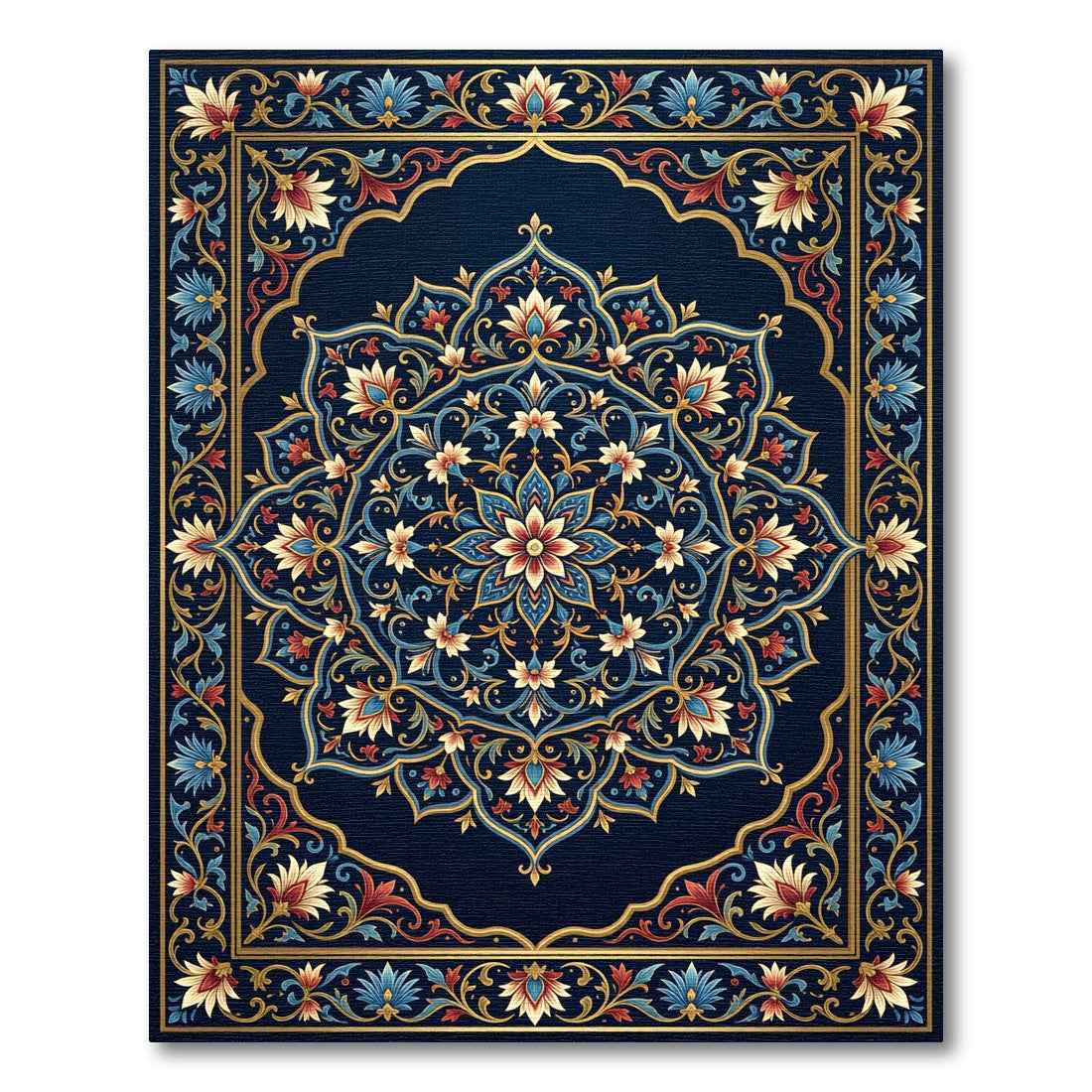 Royal Blue Golden Floral Mandala Rug