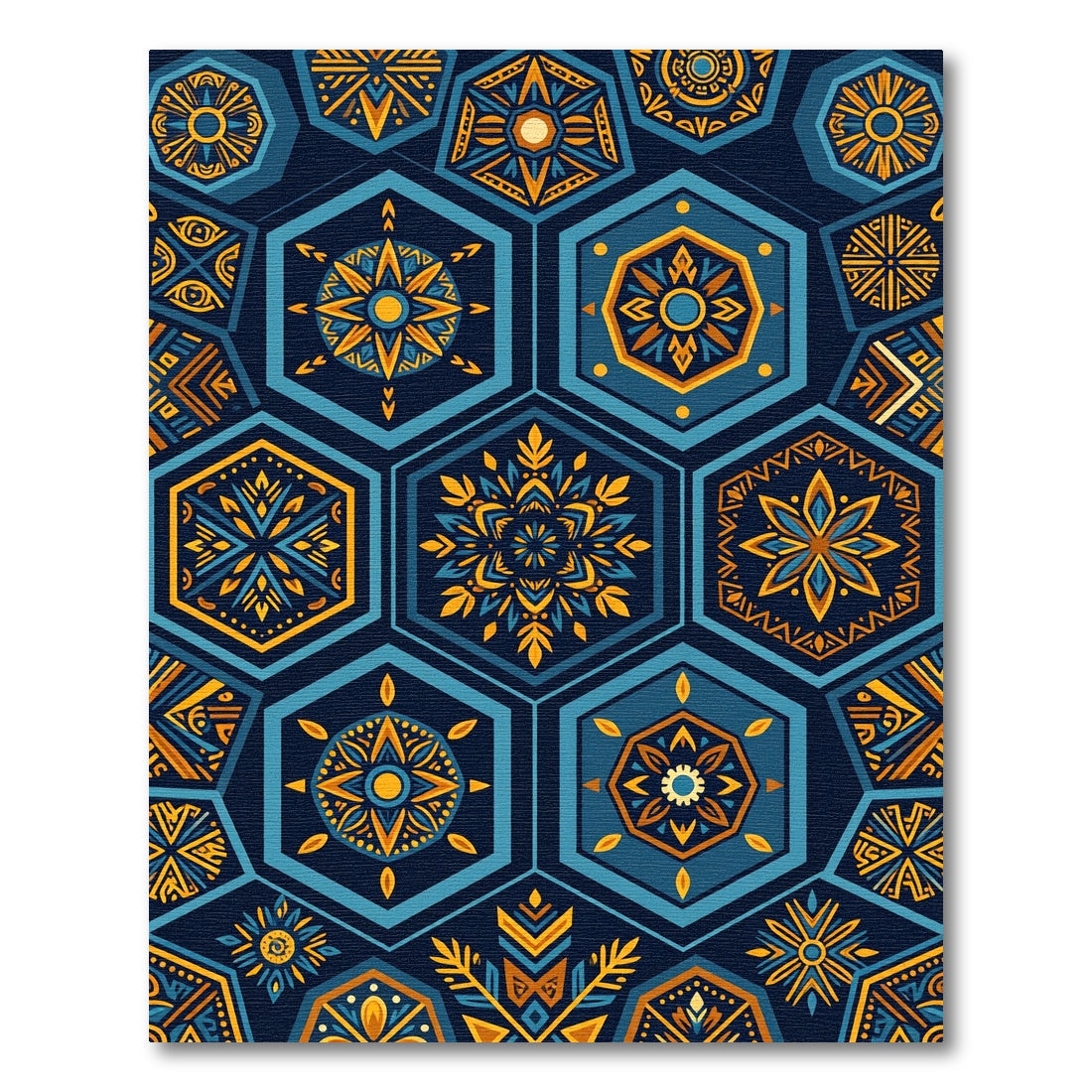 Indigo Gold Geometric Hexagon Mandala Tile Rug