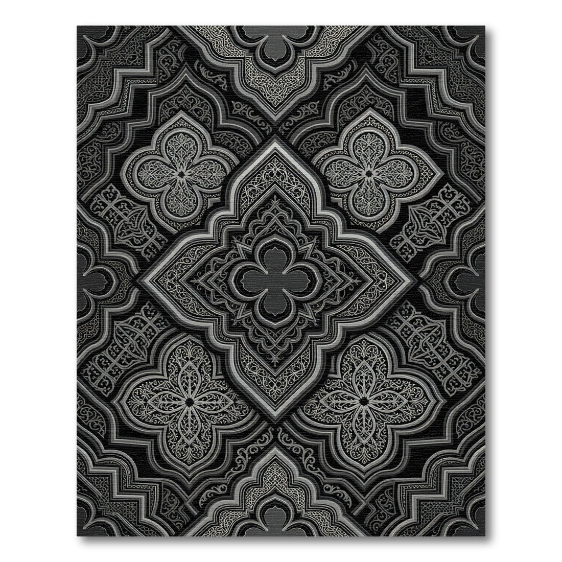 Ornate Black and Silver Geometric Arabesque Rug