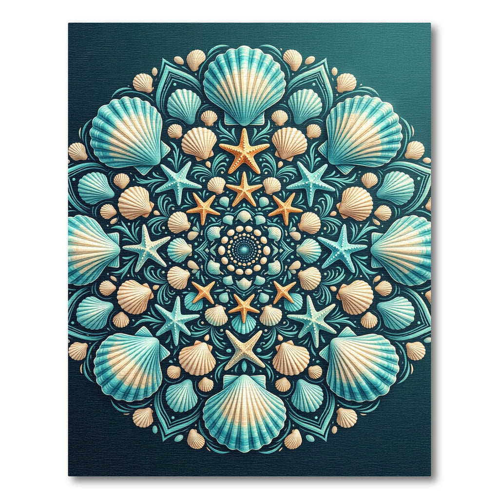 Coastal Teal Shell Starfish Mandala Rug