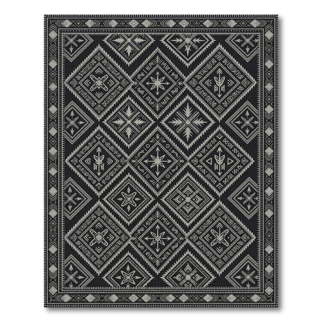 Monochrome Geometric Tribal Diamond Charcoal Rug