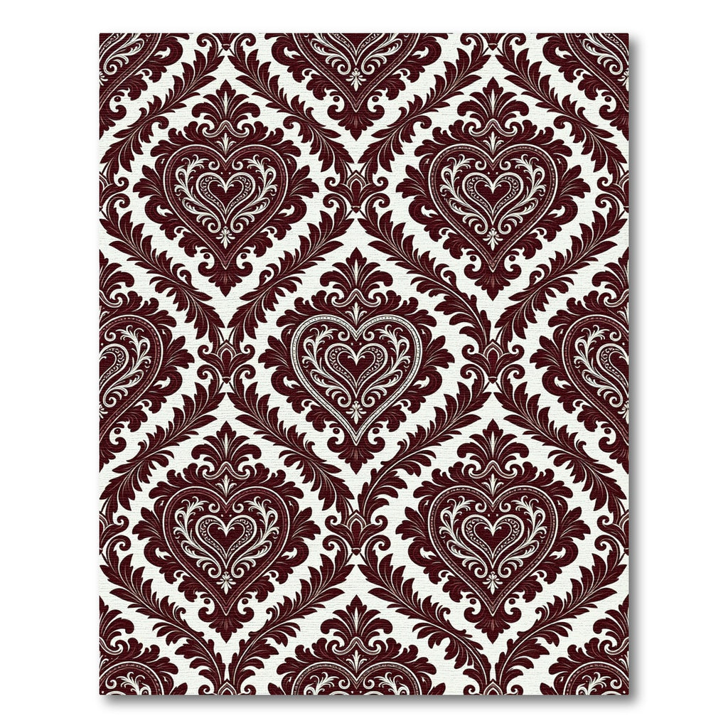 Deep Burgundy Ornate Heart Damask Rug