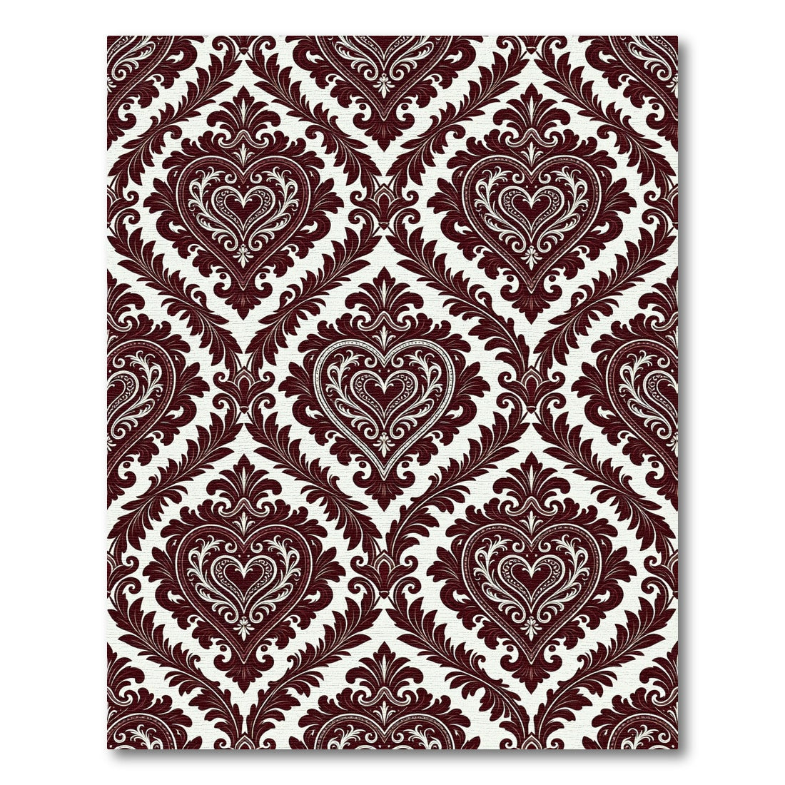 Deep Burgundy Ornate Heart Damask Rug