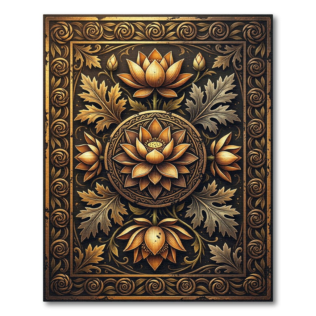 Golden Lotus Medallion Floral Border Rug