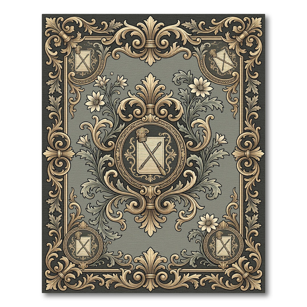 Antique Gold Ornately Framed Floral Rug