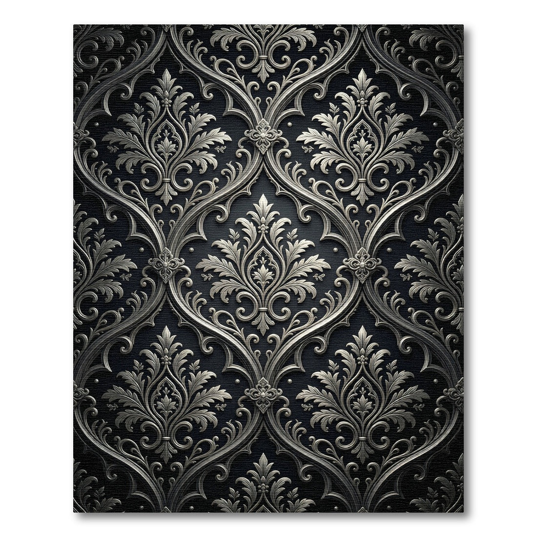 Intricate Silver Black Damask Scroll Rug