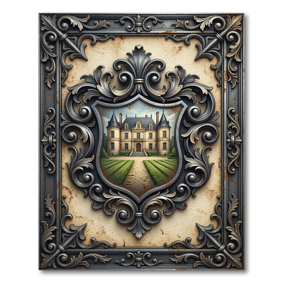 Ornate Crest French Chateau Estate Rug