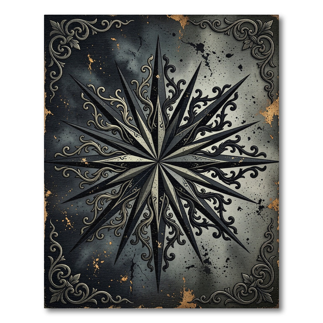 Gothic Blackened Silver Starry Compass Rug