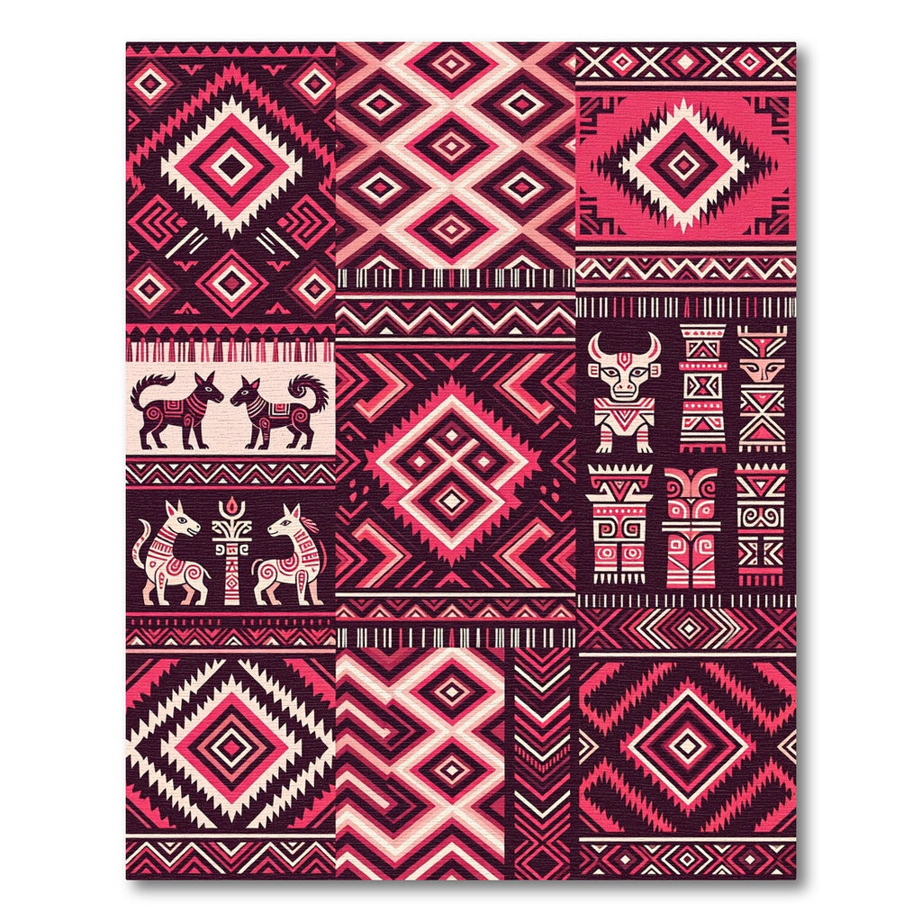 Pink Crimson Tribal Geometric Collage Rug