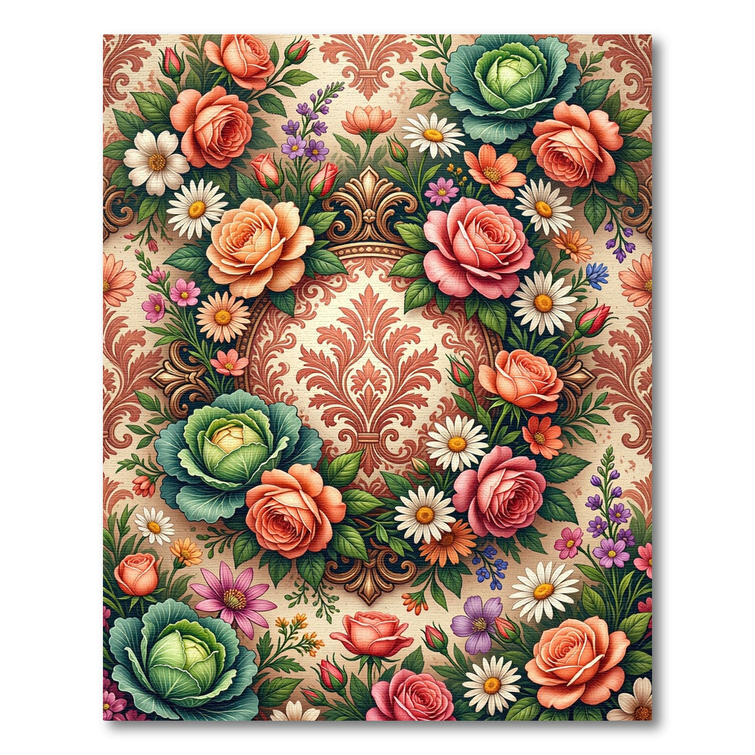 Elegant Victorian Rose and Cabbage Bouquet Rug