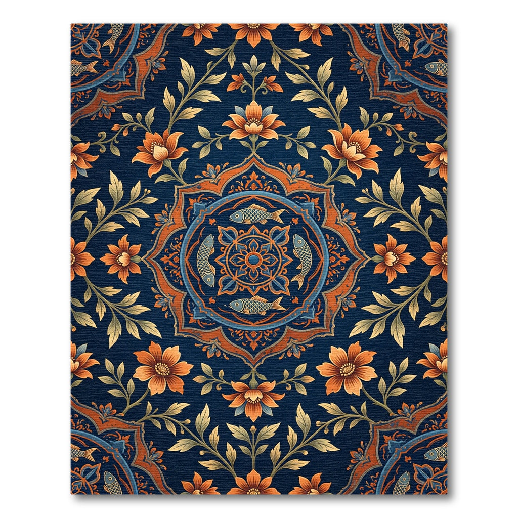 Ornate Blue Orange Floral Fish Medallion Rug