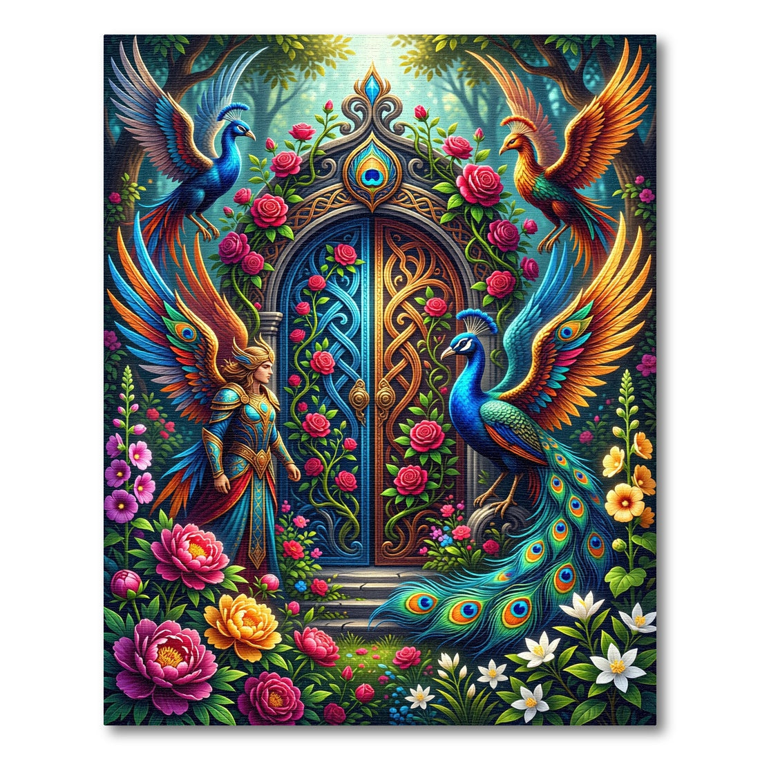 Enchanted Peacock Garden Rose Gate Rug