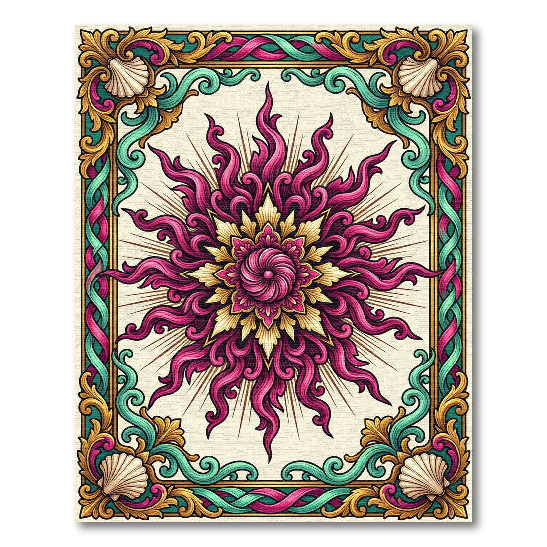 Ornate Pink Golden Sunburst Frame Rug
