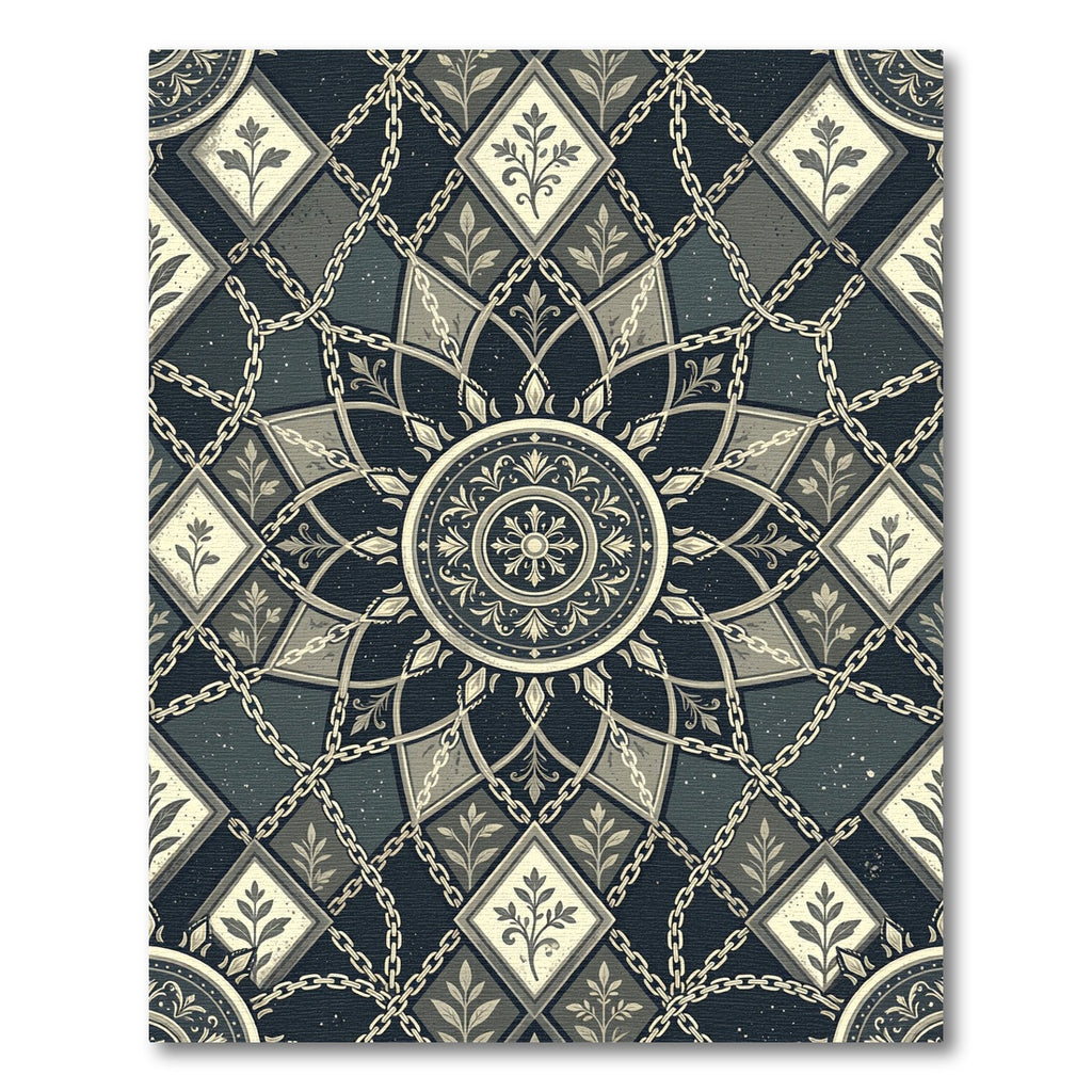 Dark Gray Chain Medallion Floral Diamonds Rug