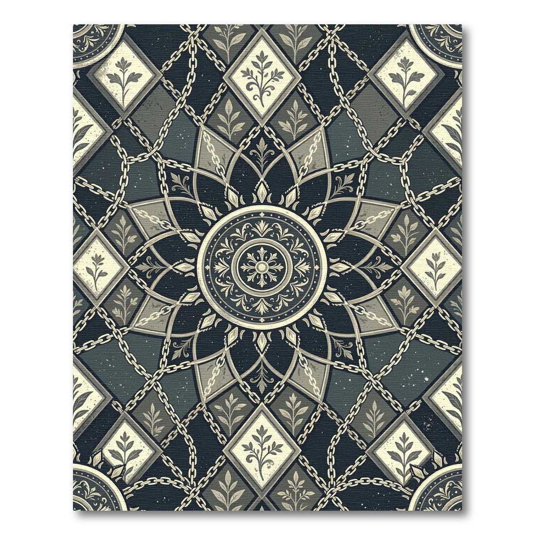 Dark Gray Chain Medallion Floral Diamonds Rug